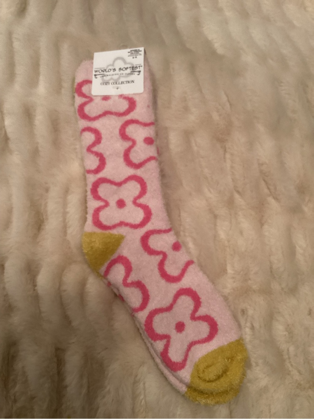 Women's Pink Floral Fuzzy Socks with Yellow Accents